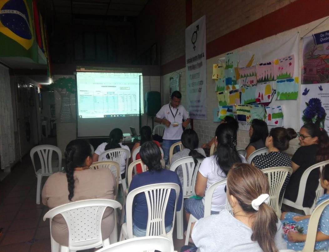 Taller con mujeres en la sede de la fundación, con proyección y carteleras
